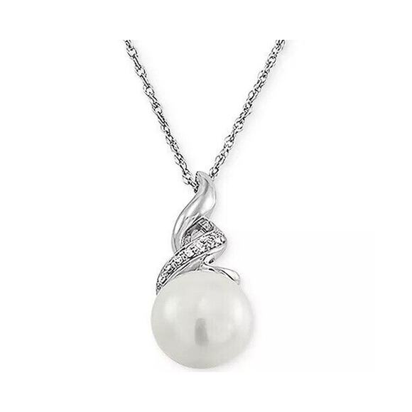Natural Diamond Pearl Necklace Sterling Silver Luxury Fashion Chic Elegant NEW